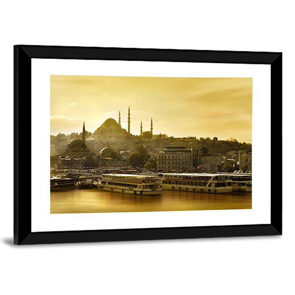 Suleymaniye Mosque Golden Horn In Istanbul Turkey Canvas Wall Art in brown, gold and yellow, framed print shown in a room