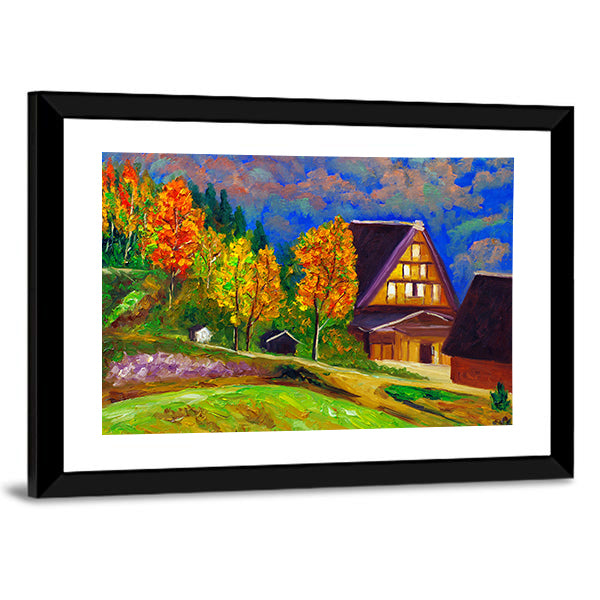 Autumn Gassho-zukuri Village with Glowing Windows Canvas Wall Art