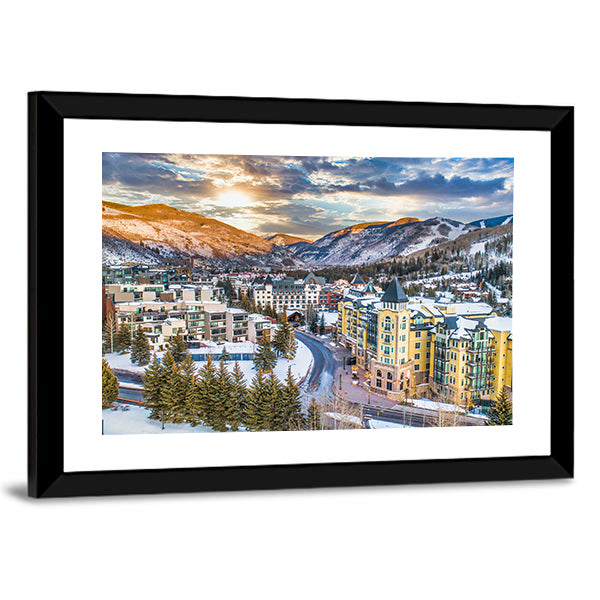 Vail Downtown In Colorado Canvas Wall Art in white, yellow and blue, framed print, product view on a white background
