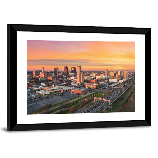 Birmingham Downtown Skyline at Sunset Canvas Wall Art in gray, orange and purple, framed print, product view on a white background