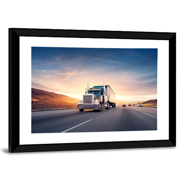 American Style Truck On Freeway Pulling Load Canvas Wall Art
