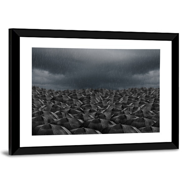 Umbrellas in the Rain Canvas Wall Art in black and gray, framed print, product view on a white background