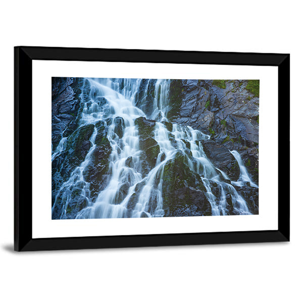 Balea Cascada Waterfall, Romania Canvas Wall Art in black, white and blue, framed print, product view on a white background