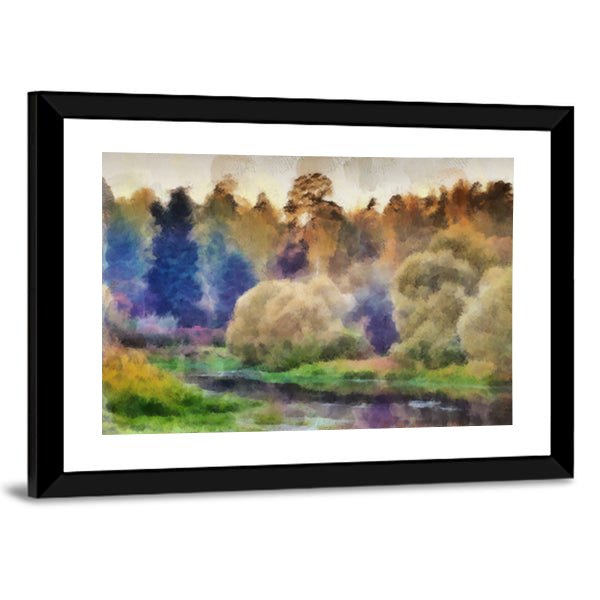 Autumn Watercolor Forest with River Canvas Wall Art