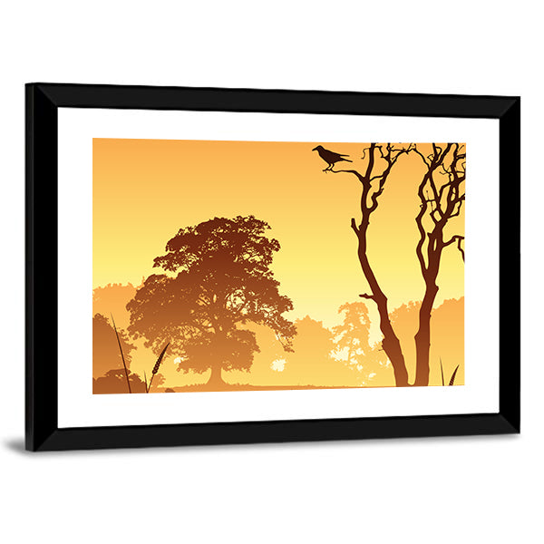 Country Meadow Landscape With Trees And Bird Canvas Wall Art