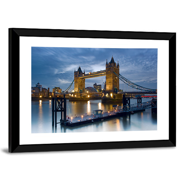 Tower Bridge on the River Thames Canvas Wall Art in gray, yellow and blue, framed print, product view on a white background