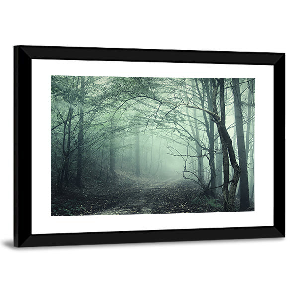 Foggy Forest Pathway Canvas Wall Art in black, gray and green, framed print, product view on a white background