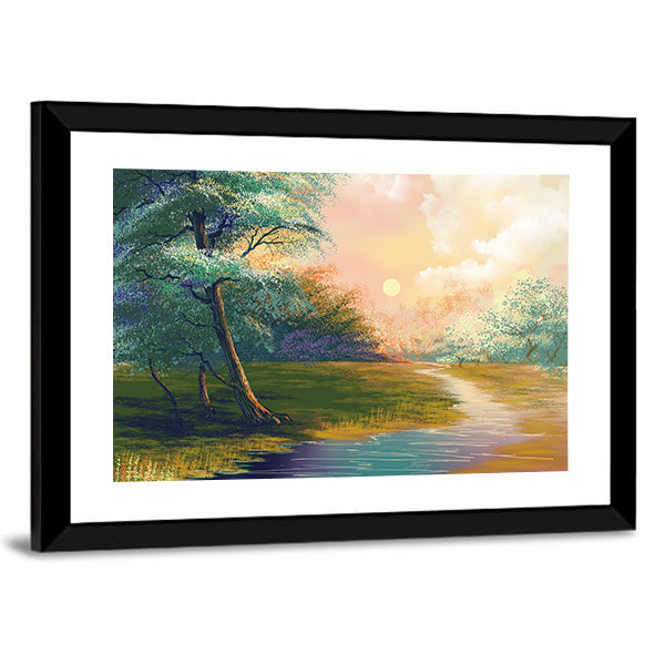 River In Spring Forest Sunset Canvas Wall Art