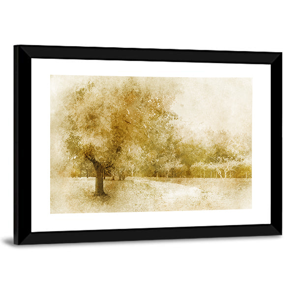 Sepia Autumn Park with Lone Tree Canvas Wall Art