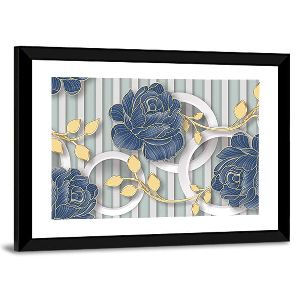 Abstract Blue Roses with Gold Leaves and Rings Canvas Wall Art