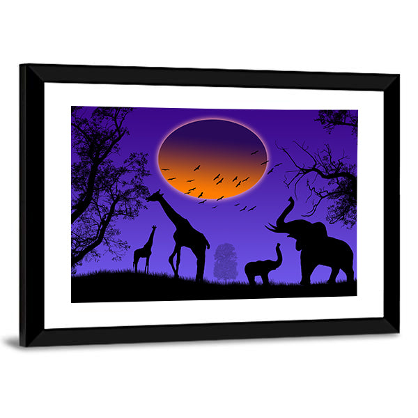 Moonlit Jungle Animal Silhouettes Canvas Wall Art