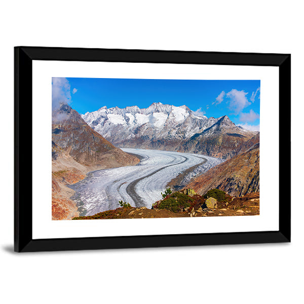 Great Aletsch Glacier, Swiss Alps Canvas Wall Art in white, brown and blue, framed print, product view on a white background