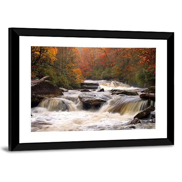 Autumn Mountain River In Carolina Canvas Wall Art in white, brown and orange, framed print, product view on a white background