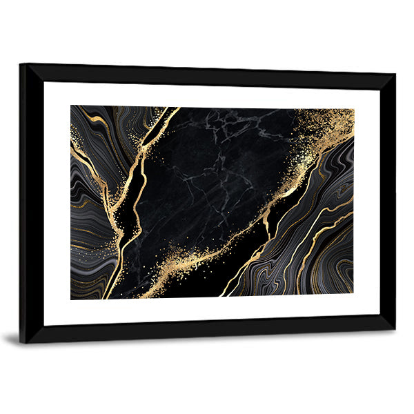 Black Marble With Gold Veins Canvas Wall Art in black, gray and gold, framed print, product view on a white background