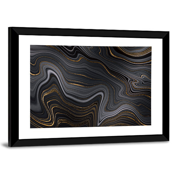 Golden Veins Texture Canvas Wall Art in black, gray and gold, framed print shown in a room