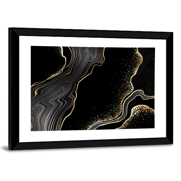 Textured Black Marble With Gold Veins Canvas Wall Art in black, gray and gold, framed print, product view on a white background