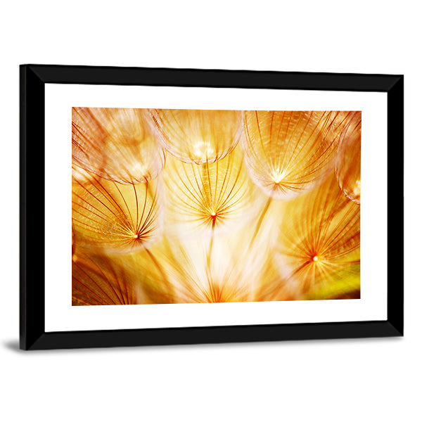 Soft Dandelion Flower Canvas Wall Art in gold, orange and yellow, framed print, product view on a white background