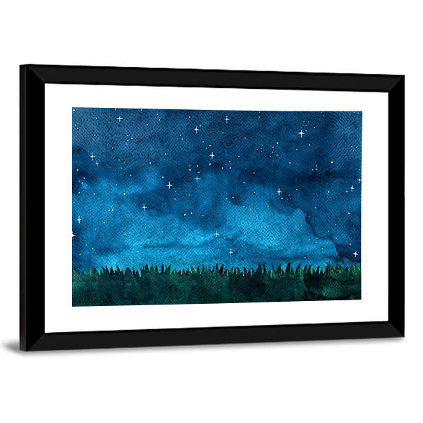 Grass Meadow With Night Sky Canvas Wall Art