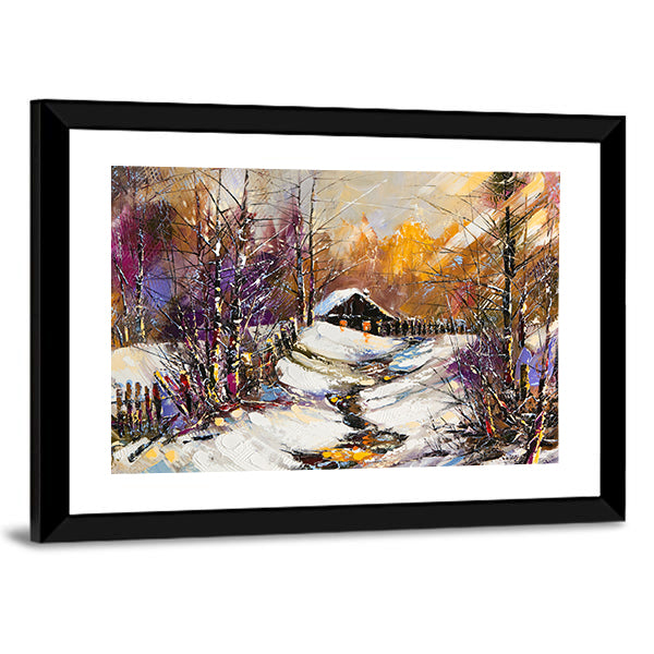 Rural Winter Landscape with Cabin Canvas Wall Art