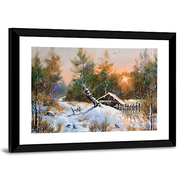 Snowy Cabin in Winter Forest Canvas Wall Art