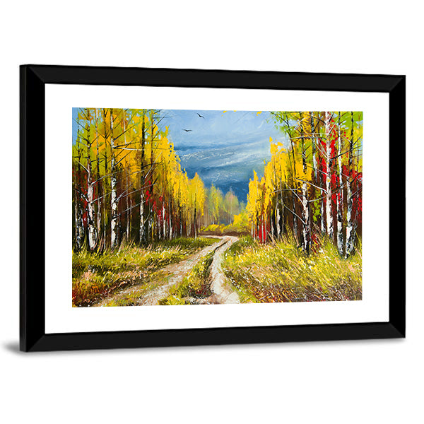 Autumn Forest Path with Birch Trees Canvas Wall Art