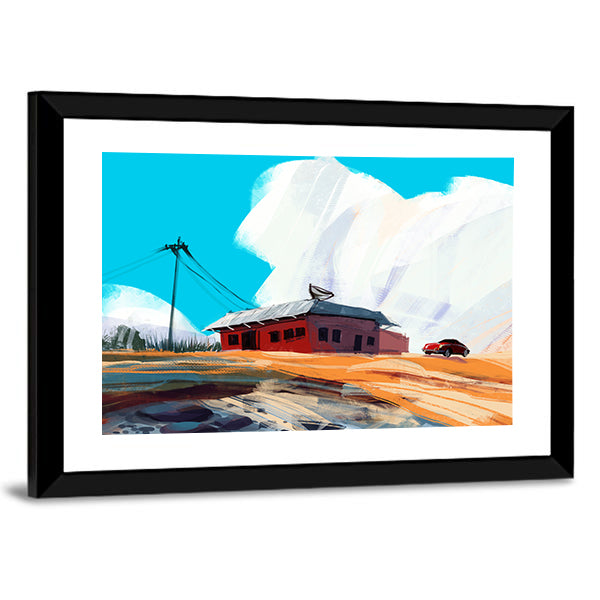 Red House and Vintage Car in Desert Canvas Wall Art