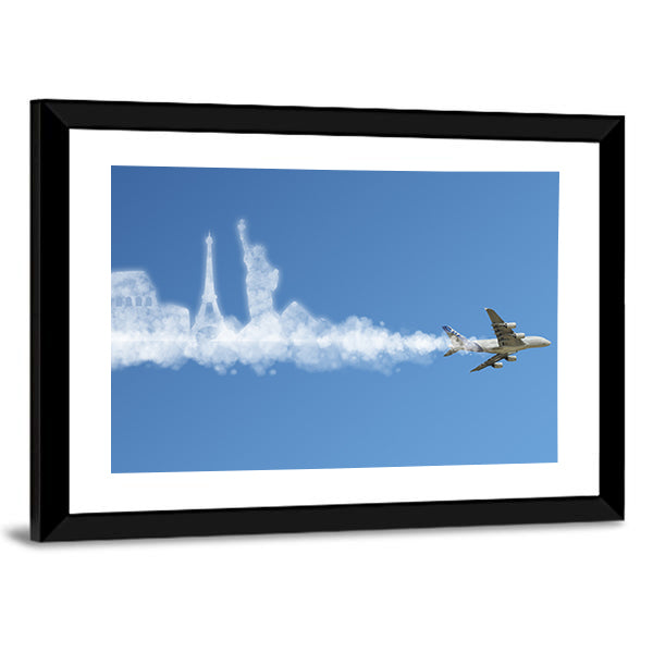 Commercial Jet with Landmark Smoke Trail Canvas Wall Art in white and blue, framed print, product view on a white background