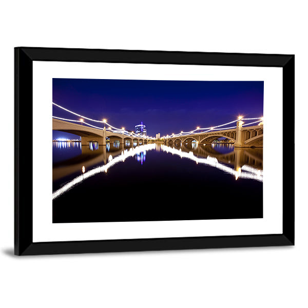 Mill Avenue Bridges In Tempe Arizona Canvas Wall Art in black, yellow and blue, framed print, product view on a white background