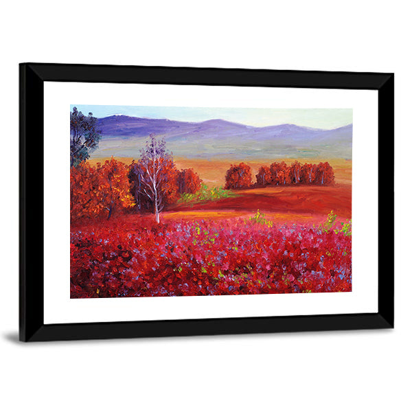 Red Flower Field with White Birch Canvas Wall Art
