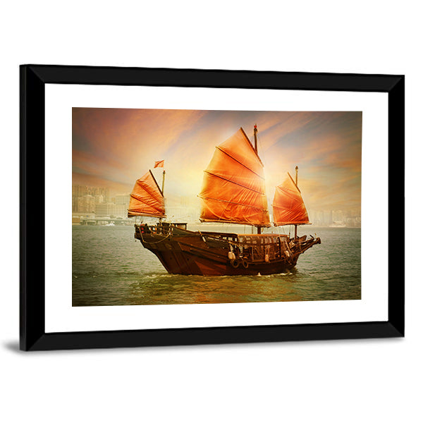 Chinese Junk Boat at Sunset Canvas Wall Art