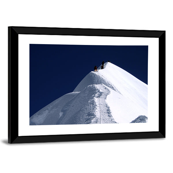 Climbers on Nepal Mountain Peak Canvas Wall Art in white, blue and navy, framed print, product view on a white background
