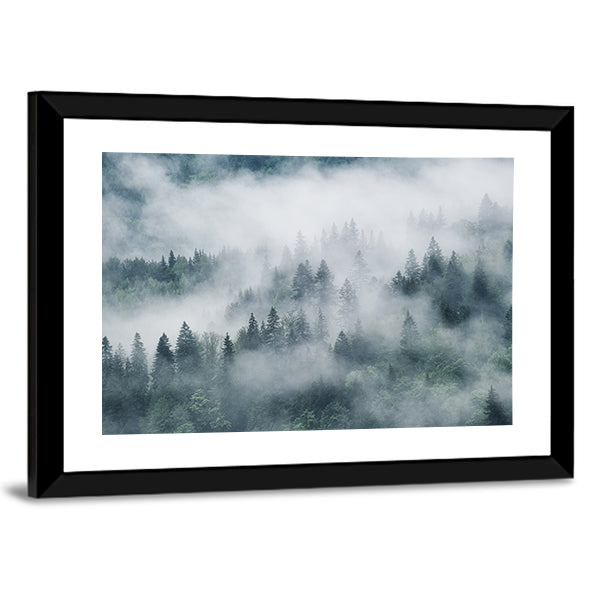 Foggy Forest In The Mountains Canvas Wall Art in white, gray and green, framed print, product view on a white background