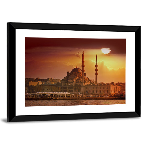 Suleymaniye Mosque At Sunset In Istanbul Canvas Wall Art in brown, orange and yellow, framed print, product view on a white background