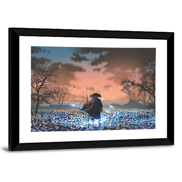 Ancient Samurai in Flowered Meadow Canvas Wall Art