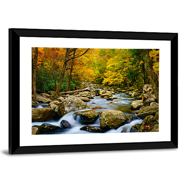 Rushing Stream in Great Smokey Mountains Canvas Wall Art in brown, yellow and green, framed print, product view on a white background