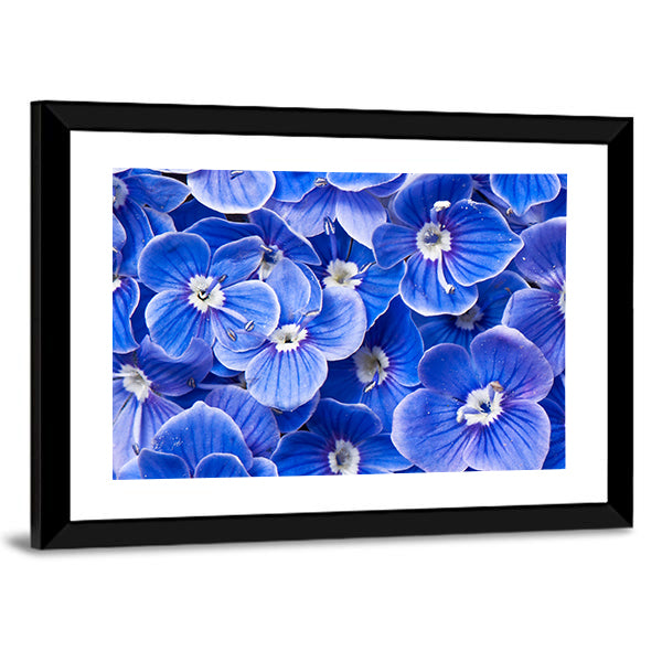 Blue Flowers Canvas Wall Art in white and blue, framed print, product view on a white background