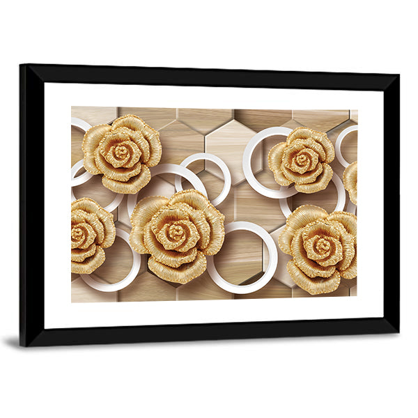 Golden Roses with Floating Rings and Hexagons Canvas Wall Art