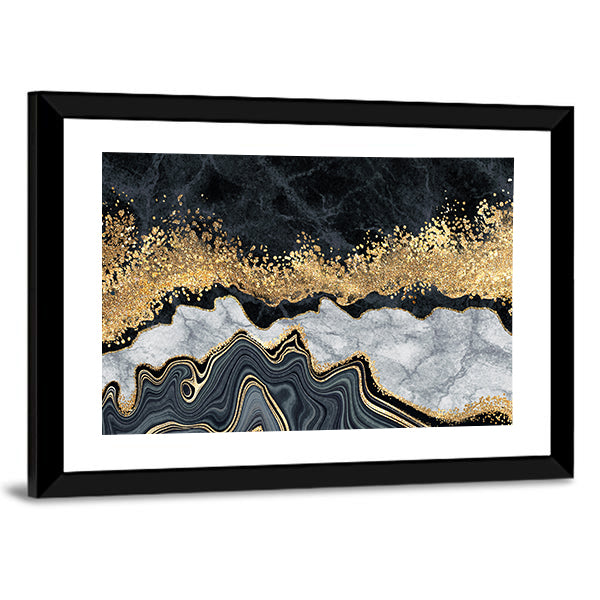 Gold-accented Black and White Marble Abstract Canvas Wall Art