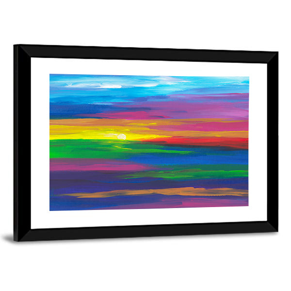 Abstract Sunset Landscape with Impasto Sun Canvas Wall Art