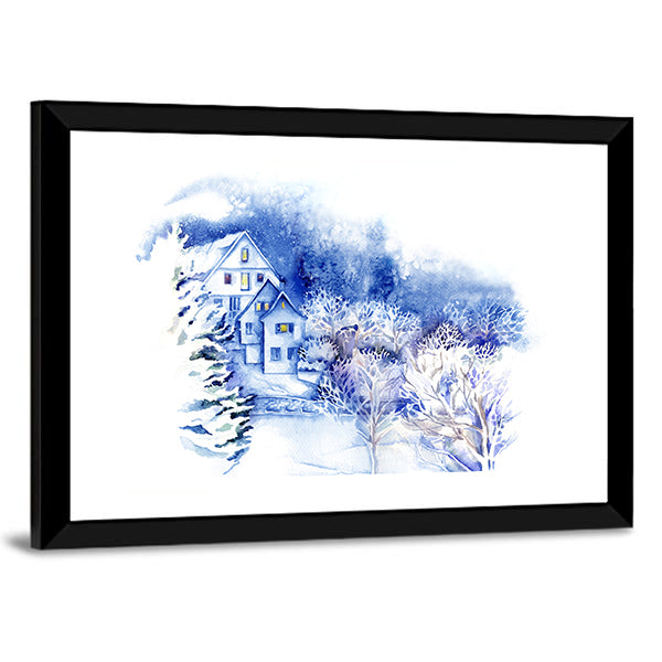 Snow-covered Houses Watercolor Landscape Canvas Wall Art