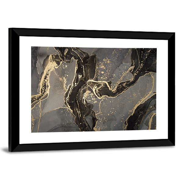 Luxury Fluid Abstract Canvas Wall Art in black, gray and gold, framed print, product view on a white background