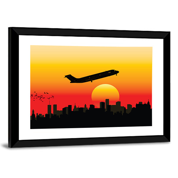 Airplane On Sunset Sky Wall Art
