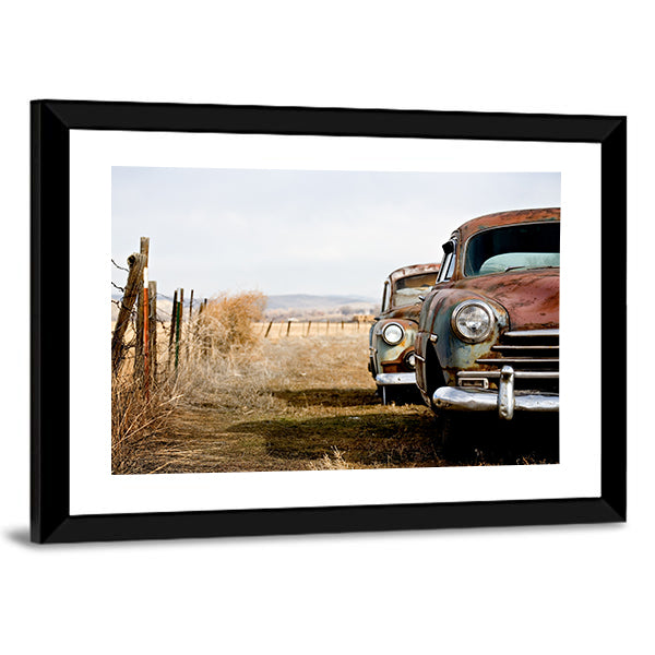 Rusty Vintage Cars in Rural Field Canvas Wall Art