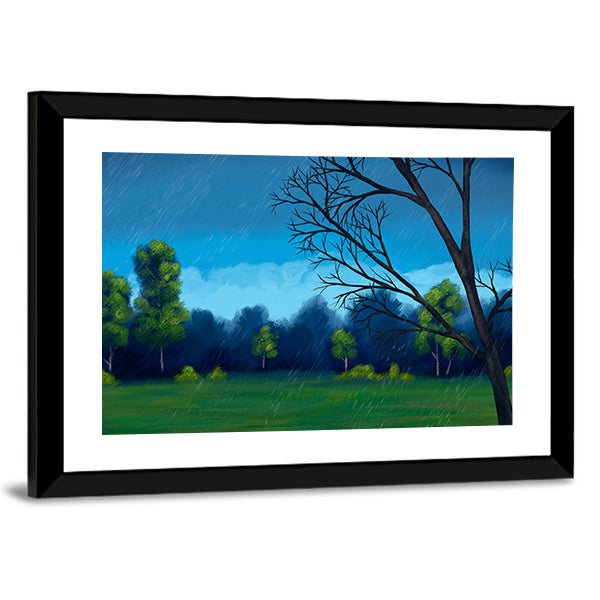 Rainy Green Field with Bare-branched Tree Canvas Wall Art
