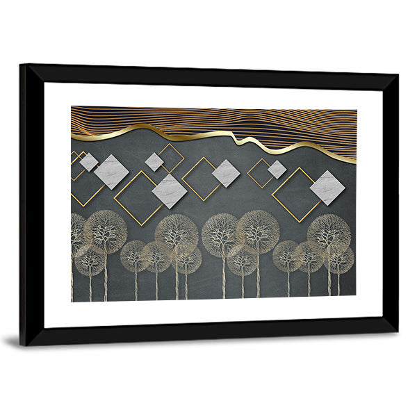 Geometric Trees with Gold Wave and Marble Diamonds Canvas Wall Art