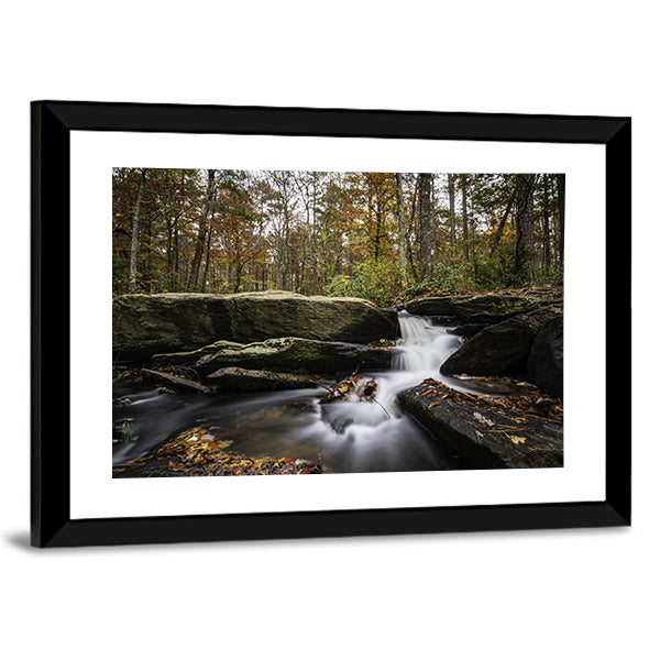 Cheaha Falls in Autumn Canvas Wall Art in gray, brown and green, framed print, product view on a white background