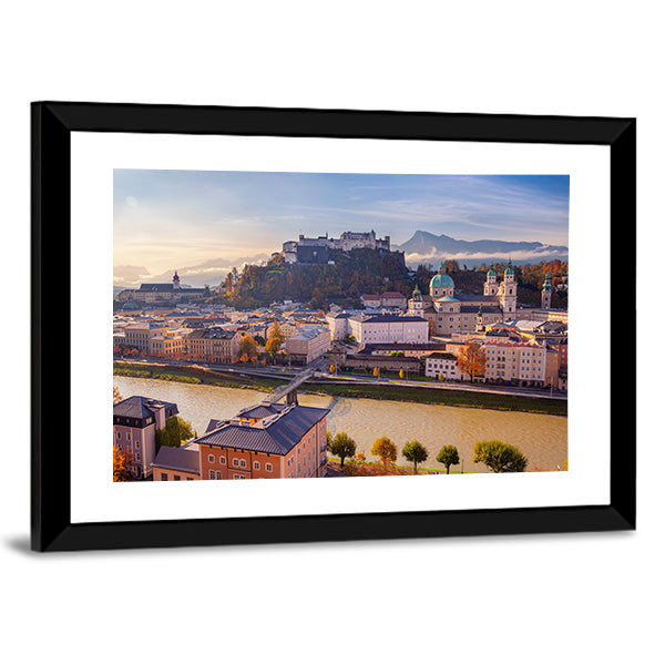 Salzburg Cityscape In Austria Canvas Wall Art in beige, orange and blue, framed print, product view on a white background