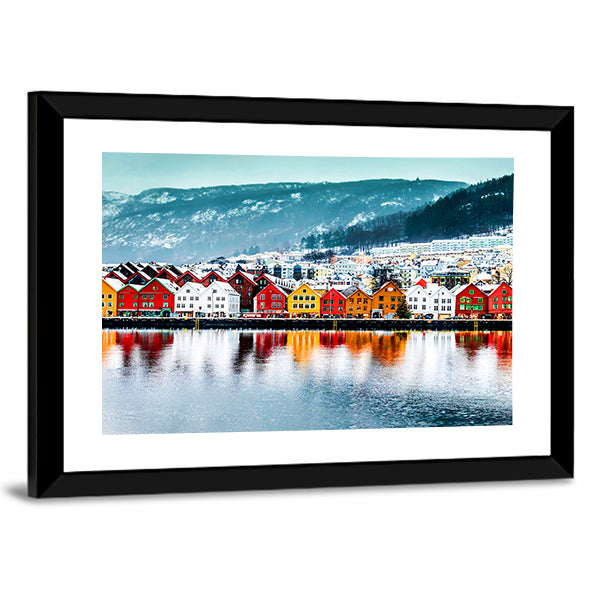 Historical Buildings In Bergen Norway Canvas Wall Art in white, blue and multicolor, framed print, product view on a white background