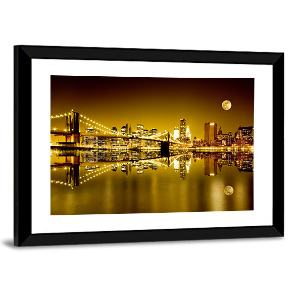 Moonlit Brooklyn Bridge and Lower Manhattan Canvas Wall Art