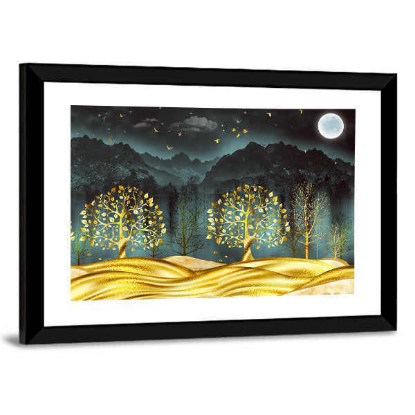 Moonlit Golden Trees Abstract Landscape Canvas Wall Art